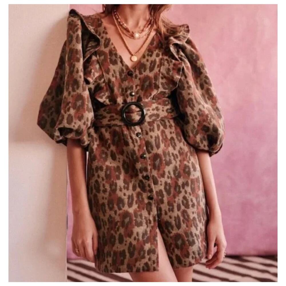 Sézane Robe Courte Lia Jacquard Leopard Bordeaux Dress Womens 38 Medium Sezane